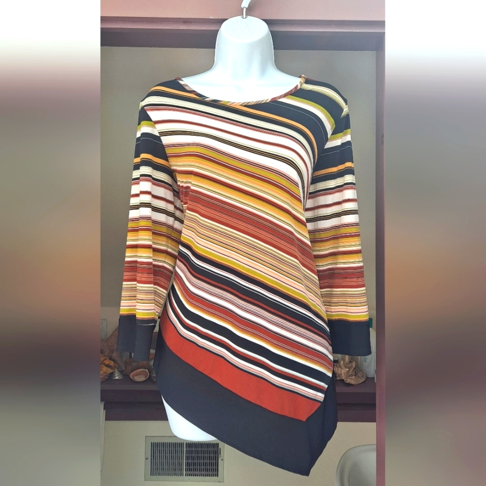 Coco Bianco Striped Fitted Asymmetrical Tunic Top Round Neck Rust Gold Striped